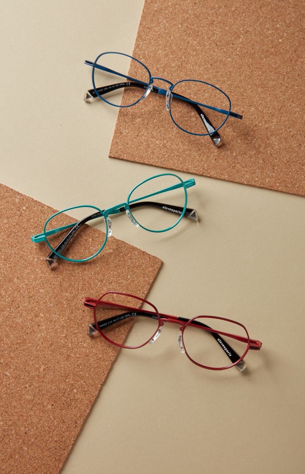 Trois lunettes Eleven Paris (marine, turquoise et rouge)